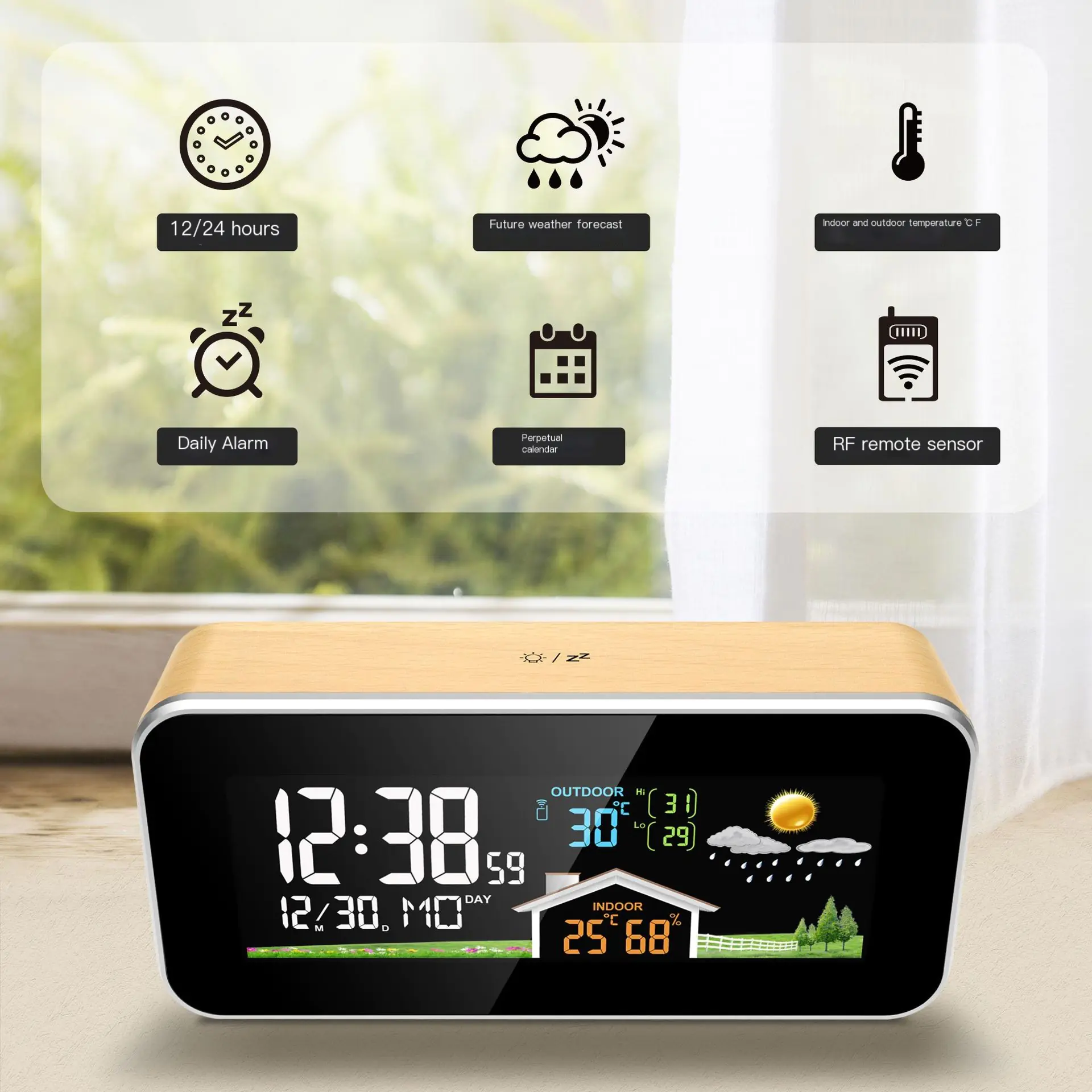 Wooden Weather Station Clock — view 2
